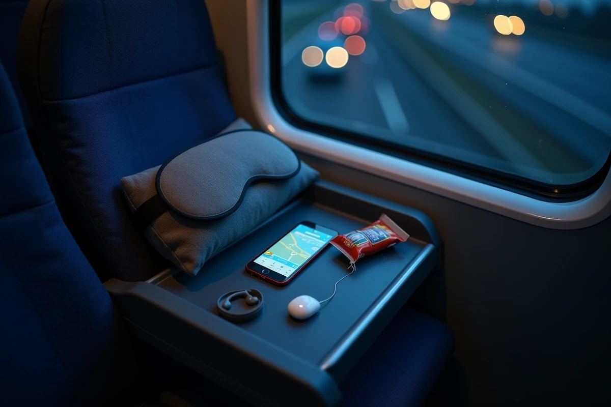 Vue de dessus des accessoires essentiels pour dormir en bus de nuit : masque de sommeil, coussin cervical, écouteurs et téléphone