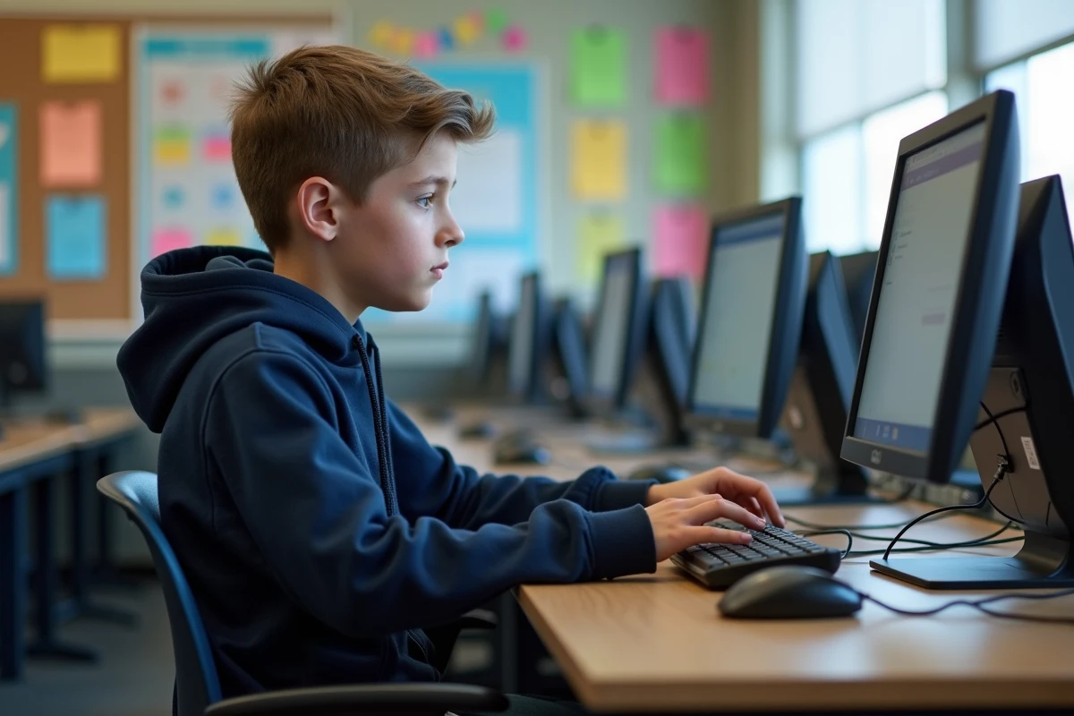 Adolescent dans un laboratoire informatique entrant ses identifiants MiSchool
