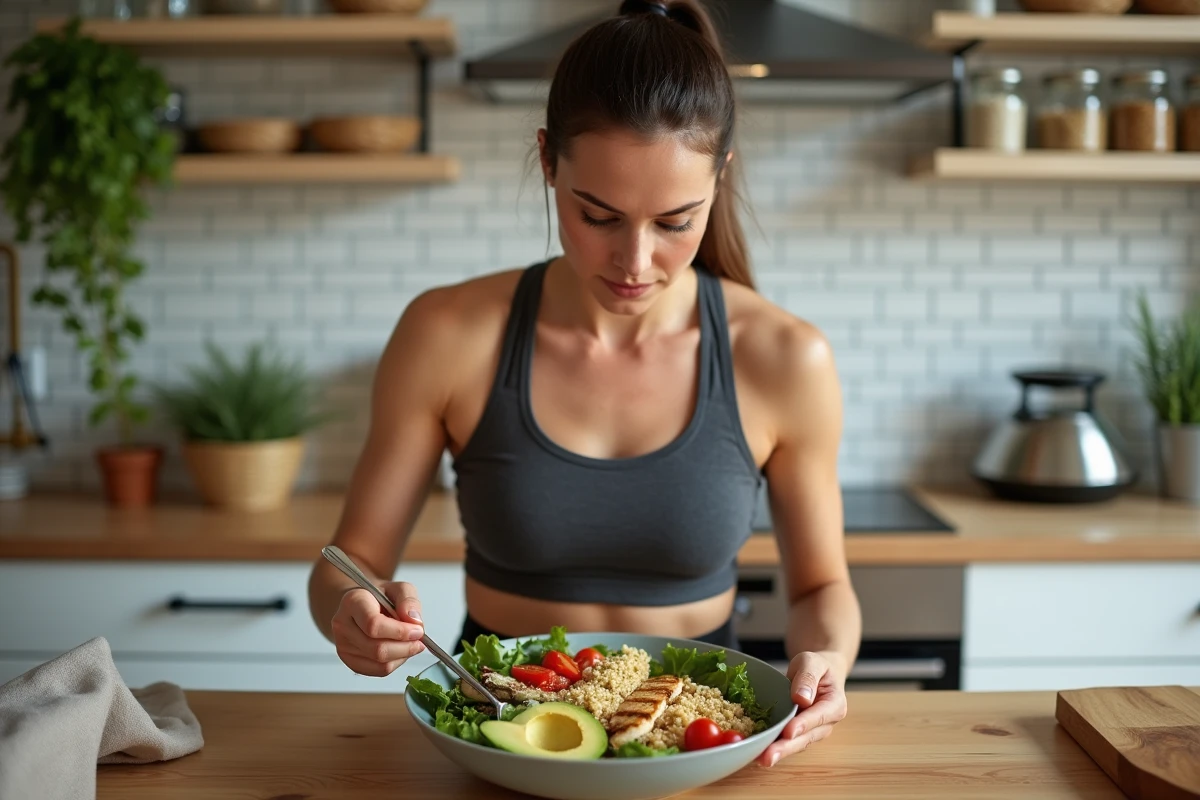 Sportive préparant un repas équilibré riche en protéines et légumes frais pour optimiser ses performances sportives