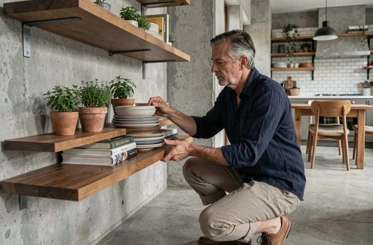 Homme aménageant des étagères ouvertes dans une cuisine moderne avec vaisselle artisanale et plantes aromatiques