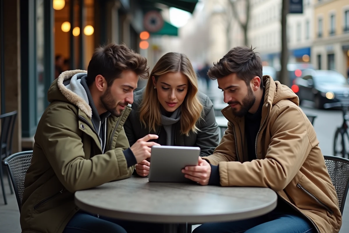 Trois amis dans un café parisien regardant une tablette