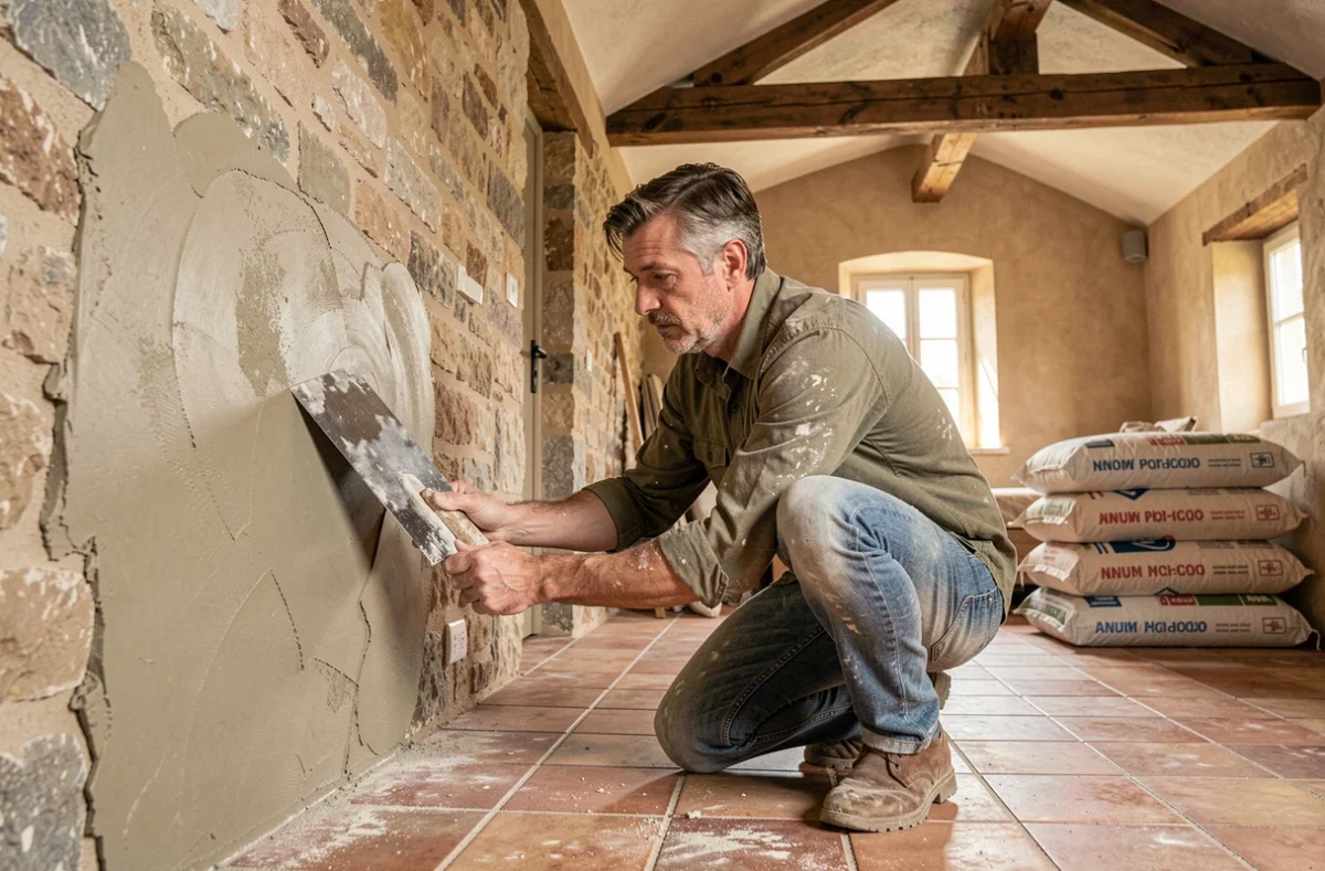 Artisan appliquant de l'enduit à la chaux naturelle sur un mur en pierre lors d'une rénovation écologique