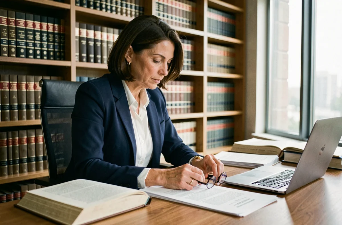 Avocate professionnelle consultant des documents juridiques dans un bureau moderne rempli de livres de droit
