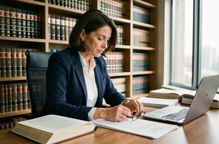 Avocate professionnelle consultant des documents juridiques dans un bureau moderne rempli de livres de droit