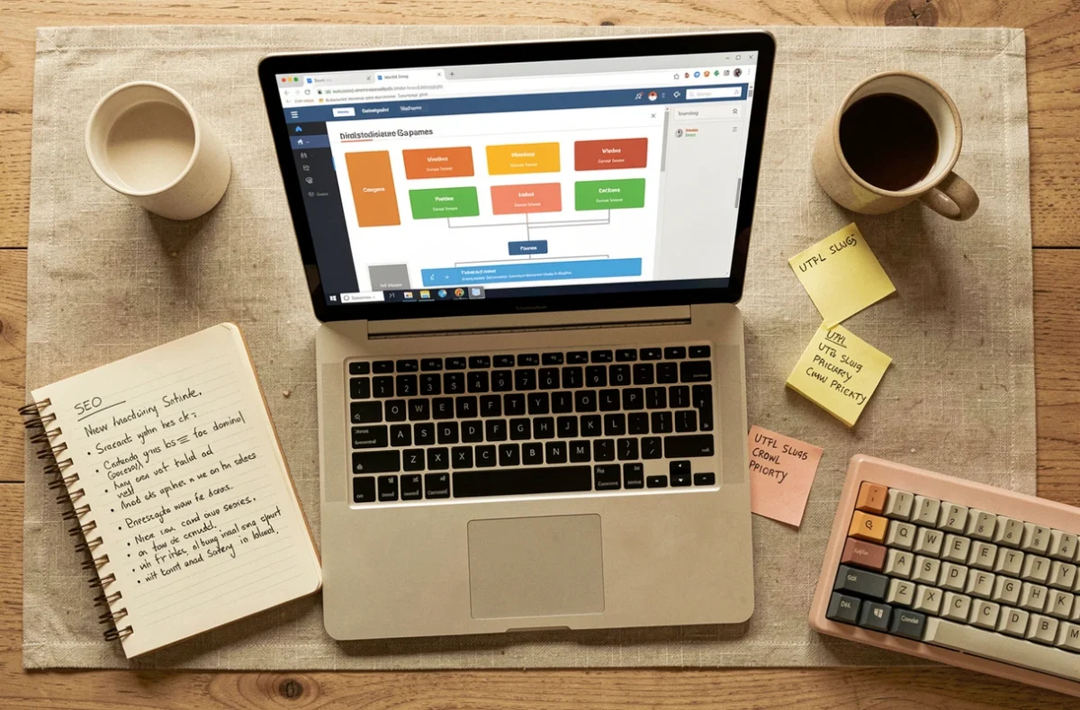 Vue aérienne d'un bureau avec un écran affichant un outil de sitemap visuel et des notes SEO manuscrites