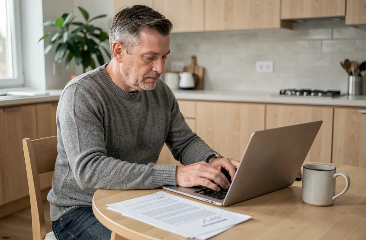 Homme consultant des documents juridiques officiels sur son ordinateur portable à la maison dans une cuisine moderne
