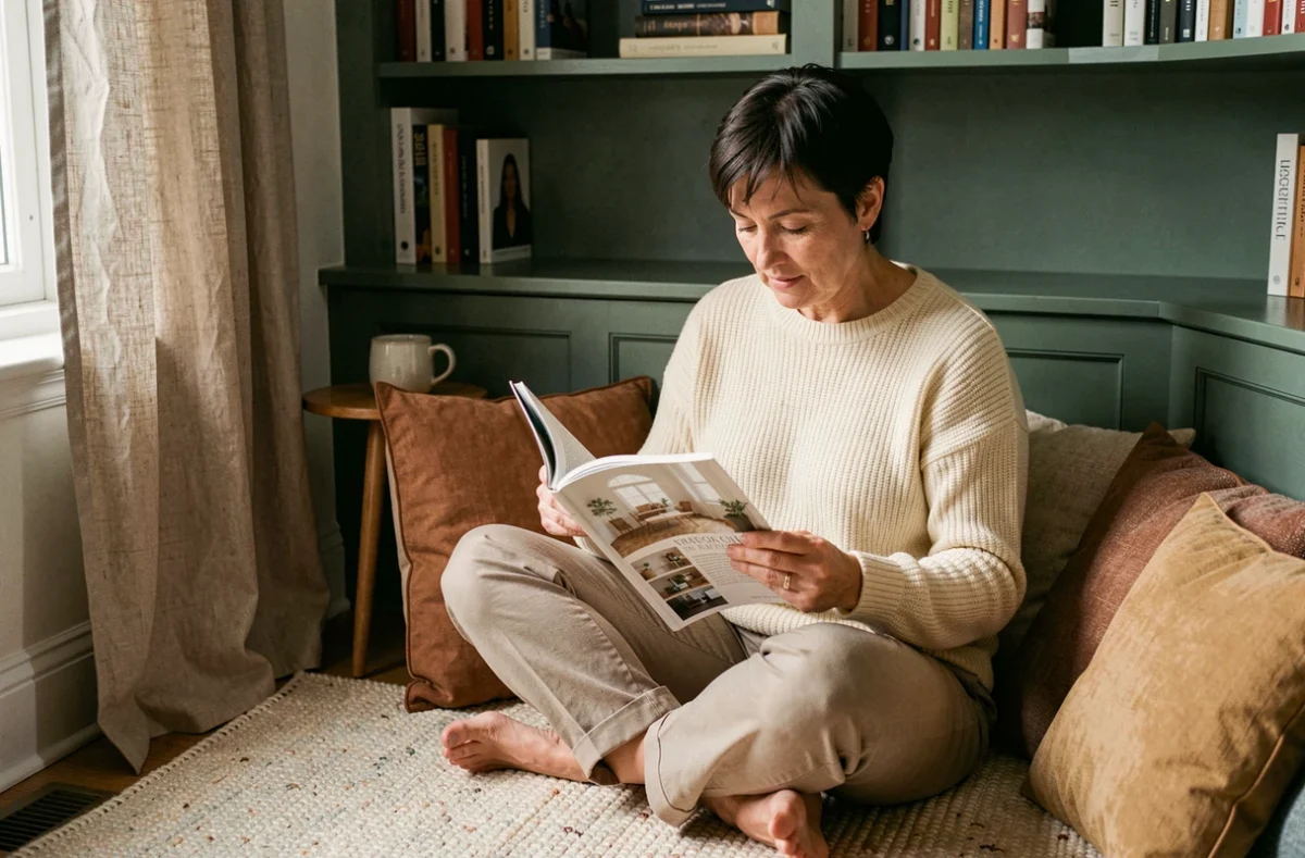 Femme installée dans un coin lecture douillet avec étagères vert sauge, coussins en tissu et magazine de décoration intérieure