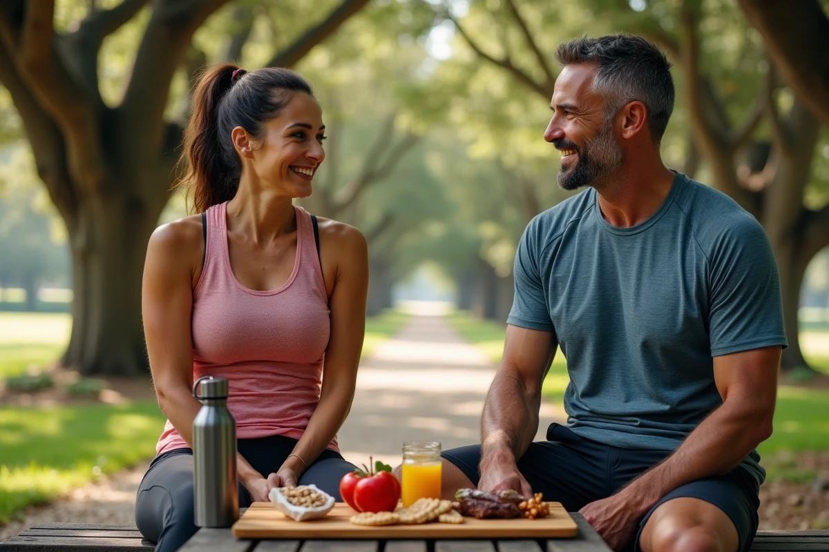 Deux coureurs se restaurant après un entraînement en plein air avec des collations saines et nutritives dans un parc