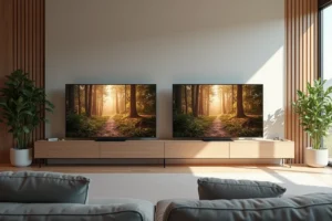 Comparatif de deux téléviseurs ULED et QLED côte à côte dans un salon moderne minimaliste