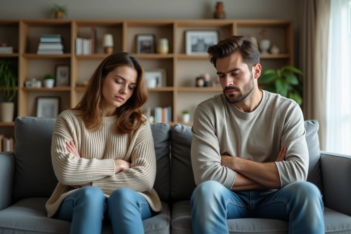 Deux frères et sœurs adultes assis en tension sur un canapé dans un salon familial, illustrant un conflit intrafamilial non résolu