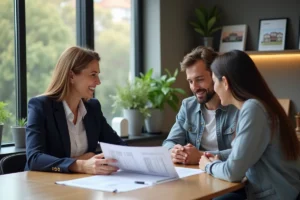 Conseillère immobilière expliquant un document à un couple