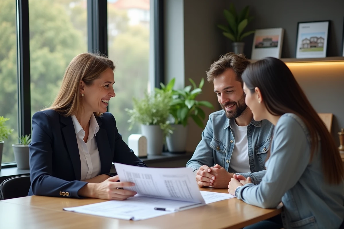 Conseillère immobilière expliquant un document à un couple