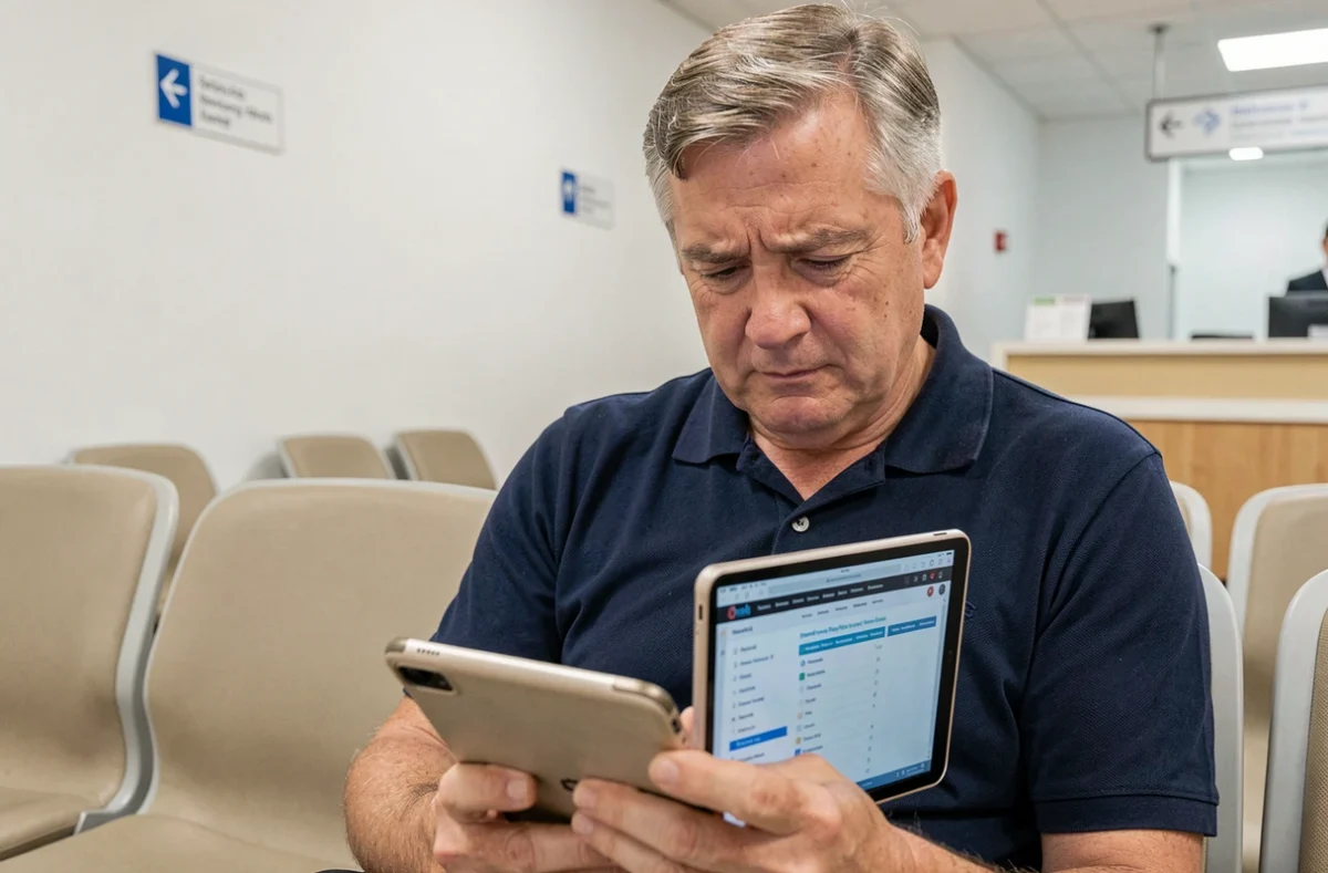 Homme senior consultant le plan d'un site médical sur une tablette dans une salle d'attente hospitalière