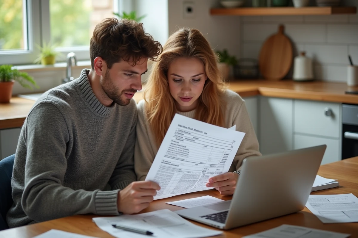 Couple de copropriétaires consultant les frais de notaire pour un rachat de part de maison à domicile