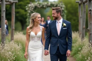 Jeune couple riant dans un jardin lors d’un mariage