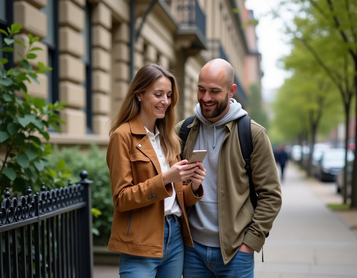 Couple examinant des annonces immobilières sur smartphone devant un immeuble résidentiel