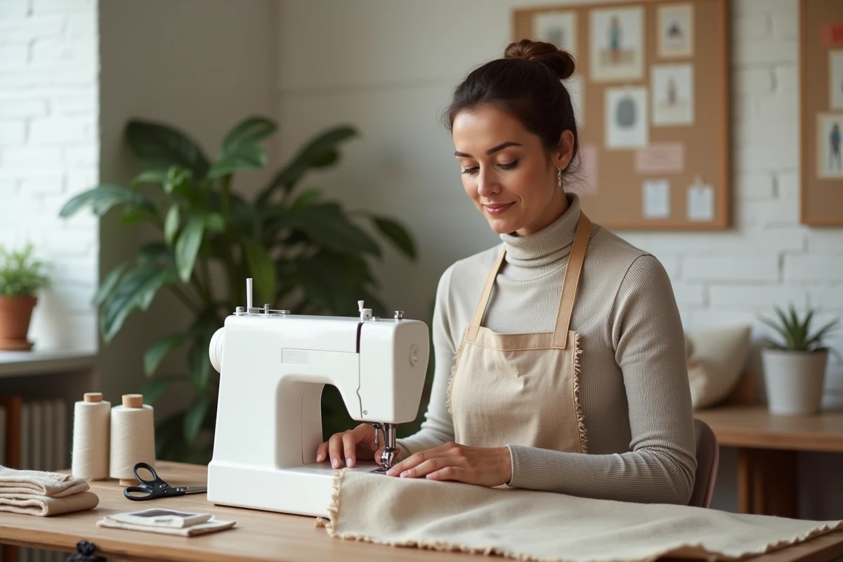 Femme cousant à la main des vêtements durables en tissu recyclé dans un atelier artisanal à domicile