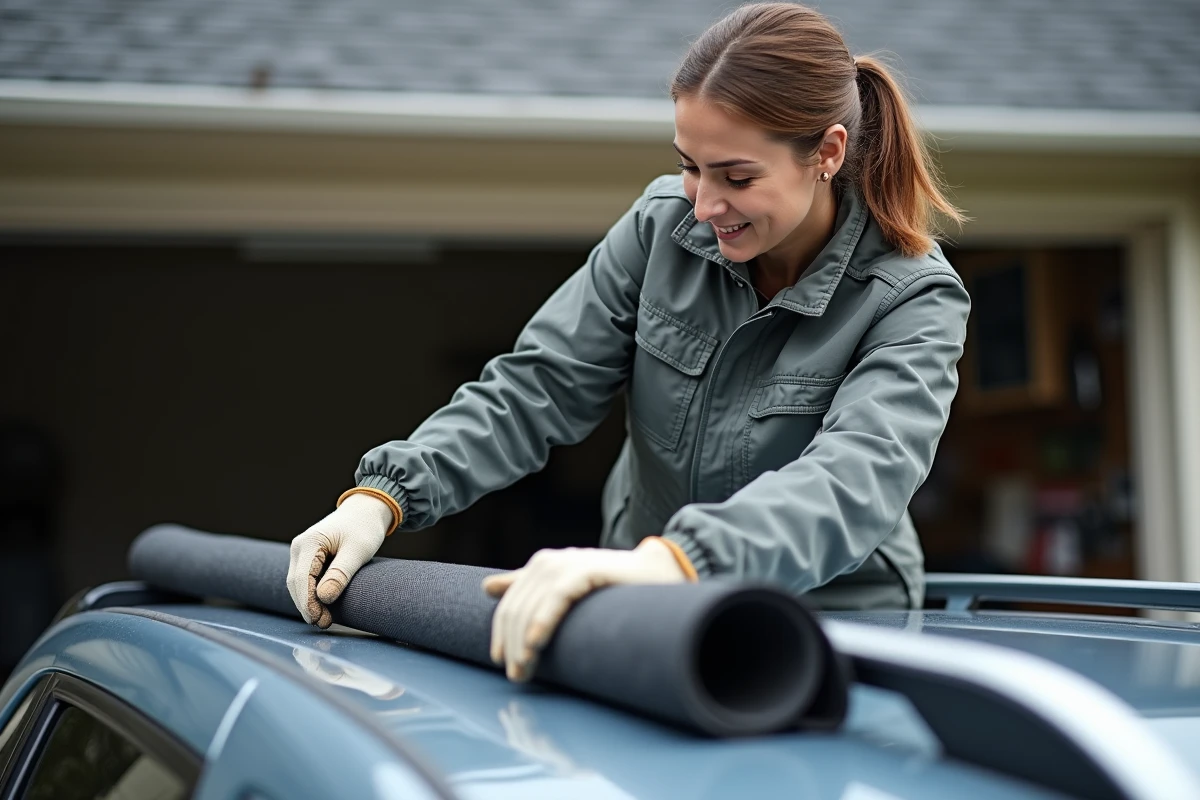 Une femme pose une couverture antidérapante sur le toit d'un SUV entre les barres de galerie avant de charger un sommier, pour éviter les glissements.