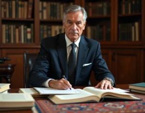 Criminologue français assis à son bureau dans une bibliothèque privée, entouré de livres et de documents académiques