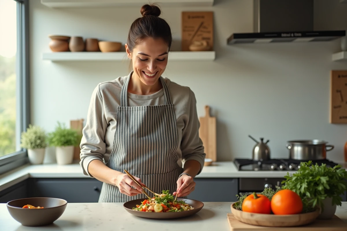 Femme souriante préparant un plat de légumes dans la cuisine
