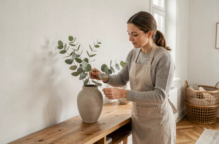 Femme décorant son salon scandinave avec un vase en céramique et des branches d'eucalyptus séchées