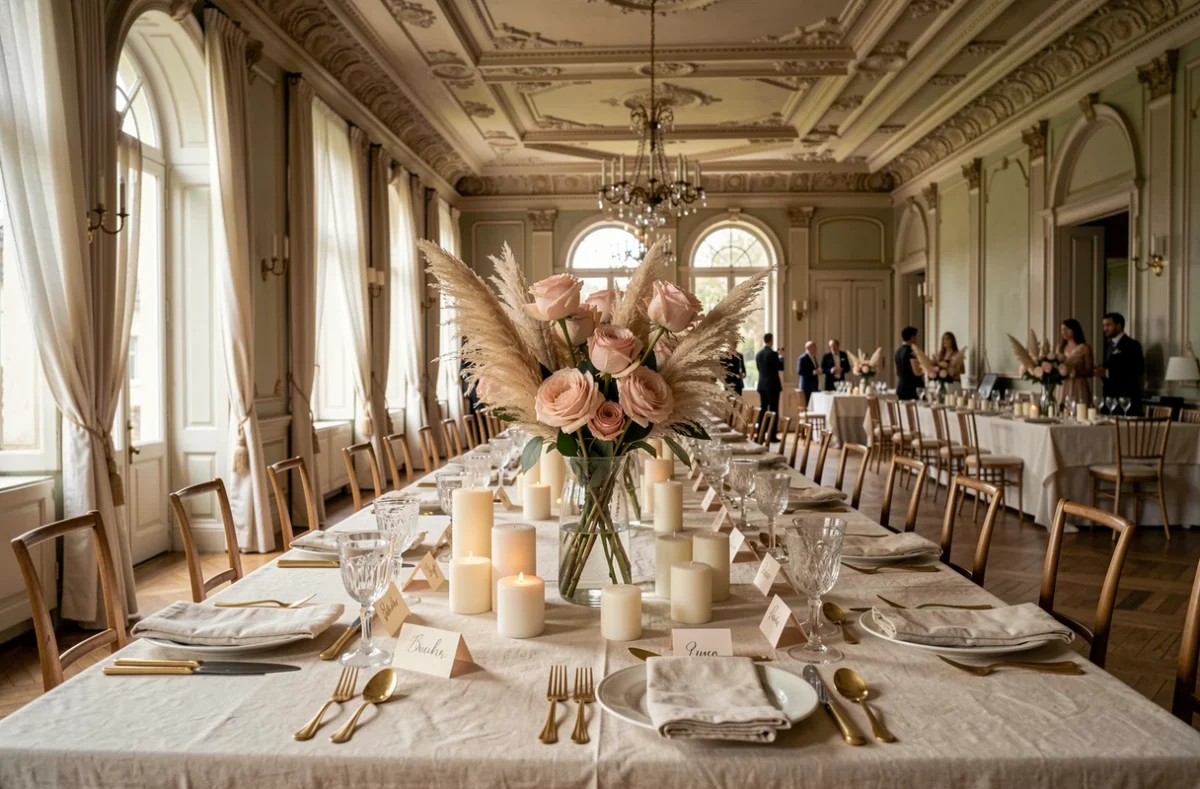Décoration de table de mariage élégante avec roses blush, bougies et art de la table doré dans un château français