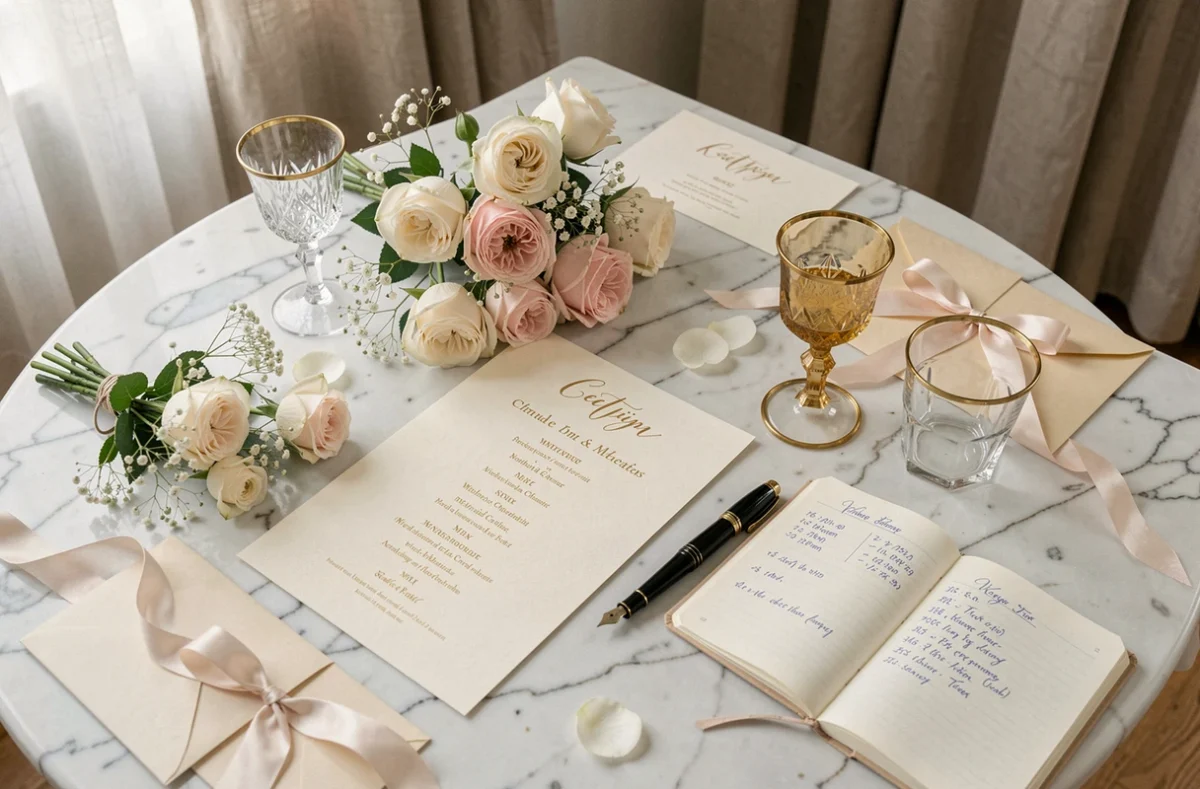 Détails de planification de mariage en vue de dessus : cartons d'invitation, roses fraîches, carnet de notes et verrerie dorée sur marbre blanc