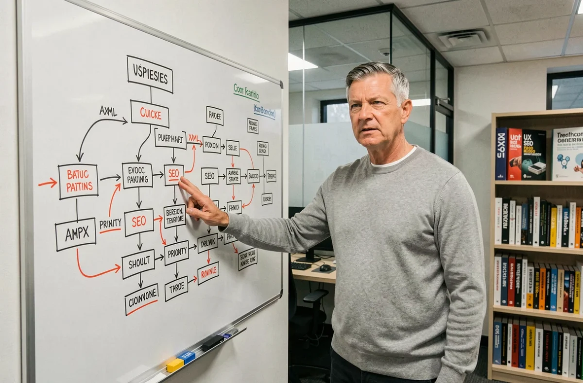 Un développeur web présente la structure d'un sitemap sur un tableau blanc dans un bureau de startup