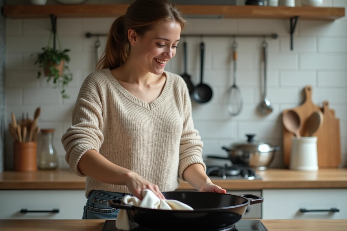 Jeune femme essuyant une plancha émaillée dans la cuisine