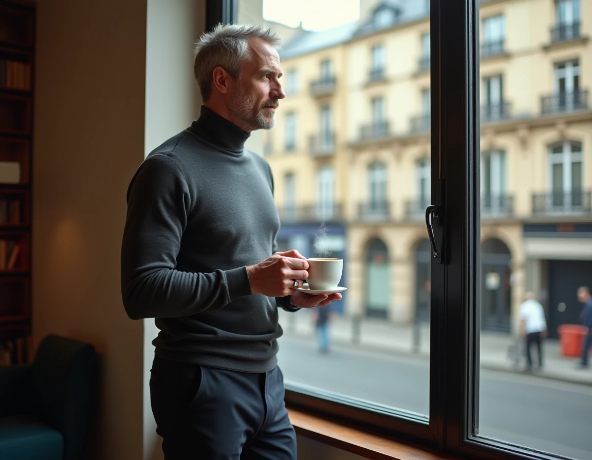 Expert en criminologie regardant par la fenêtre un paysage parisien haussmannien, tenant une tasse d'espresso