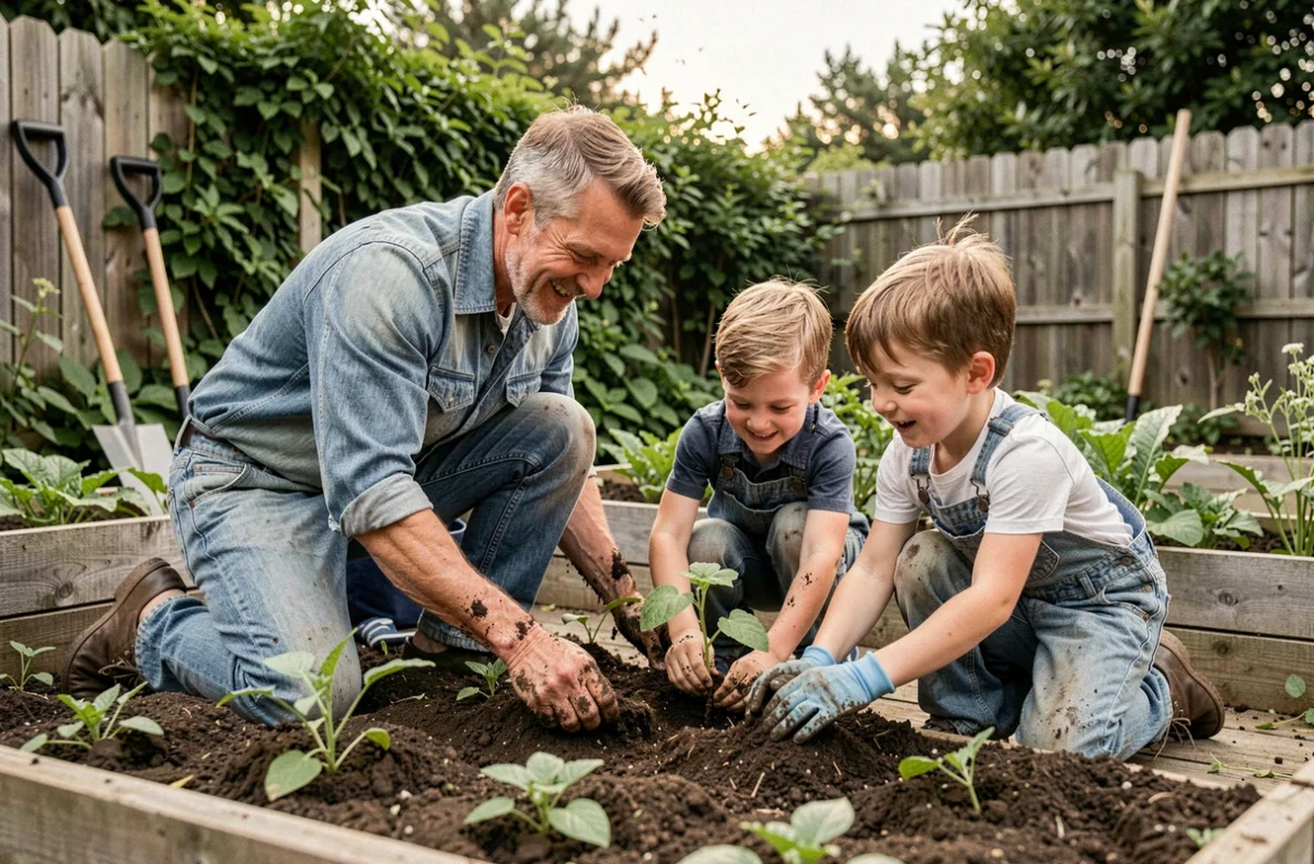 Père et enfants jardinant ensemble dans un potager familial du jardin, les mains dans la terre