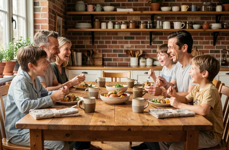 Famille épanouie partageant un petit-déjeuner convivial autour d'une grande table en bois dans une cuisine chaleureuse