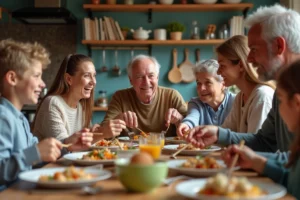 Famille multigenerations partageant un repas convivial à la maison