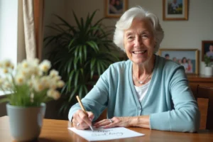 Femme souriante de 70 ans écrivant une carte d'anniversaire chrétienne