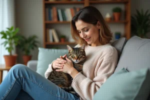 Femme assise avec un chat tabby sur ses genoux dans un salon cosy