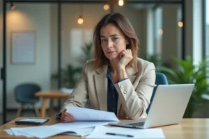 Femme d'âge moyen dans un bureau moderne examine des documents
