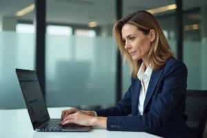 Femme en blazer regardant un intranet sur son ordinateur