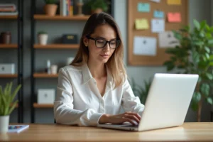 Femme au bureau à domicile utilisant un ordinateur portable