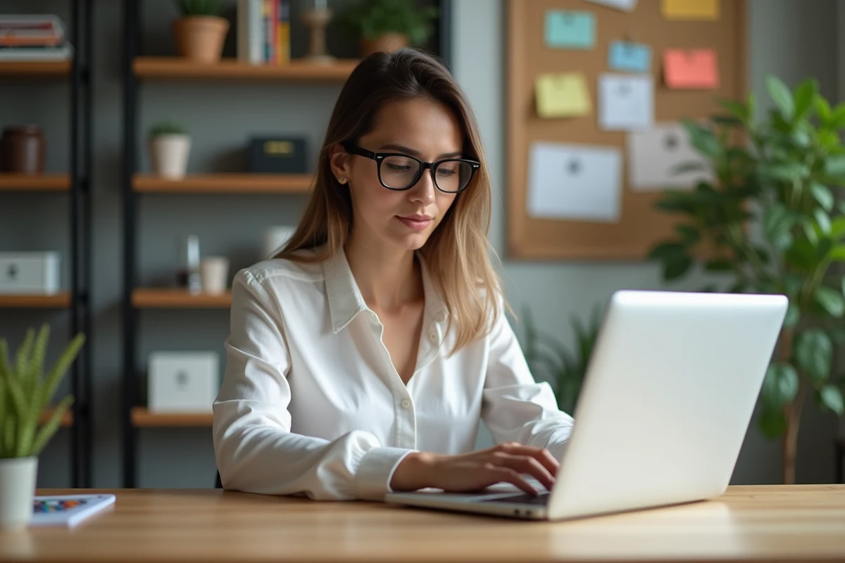 Femme au bureau à domicile utilisant un ordinateur portable