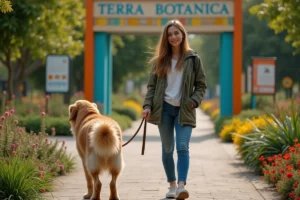 Jeune femme avec chien devant le panneau du parc botanique