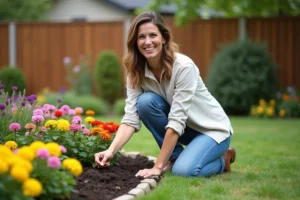 Femme souriante plantant des fleurs colorées dans le jardin