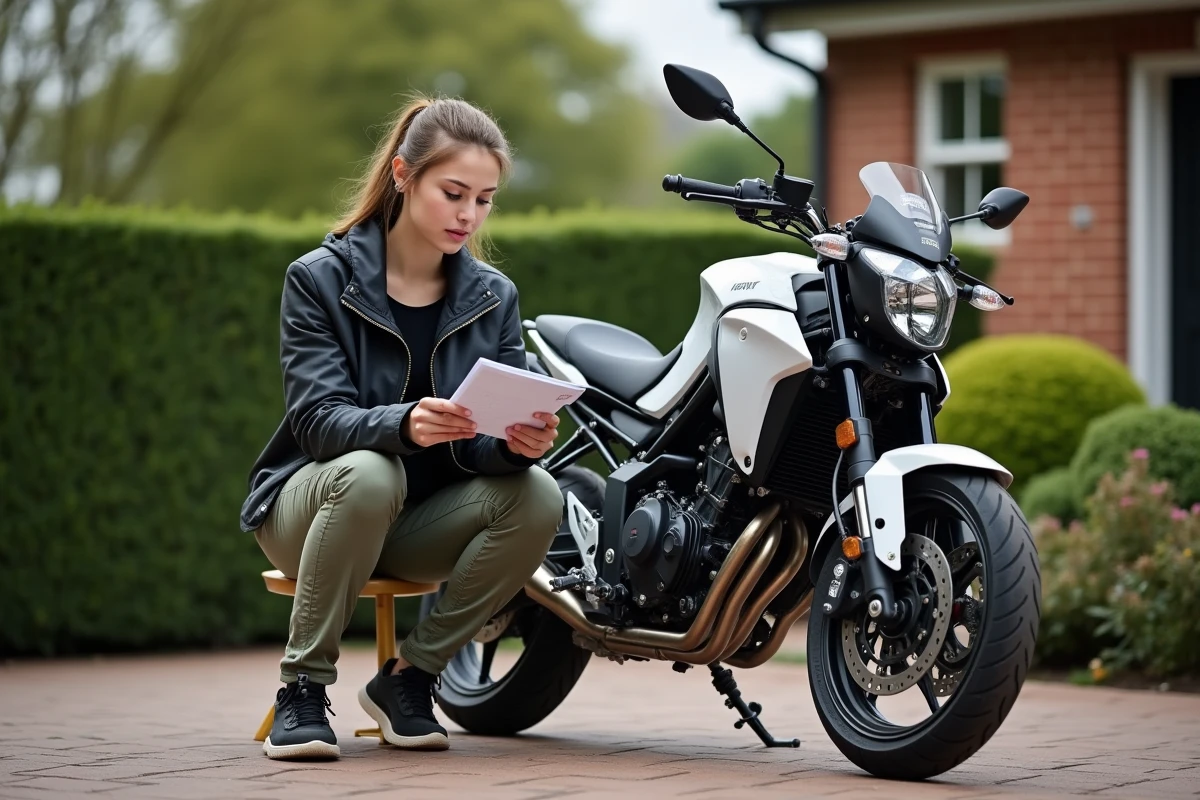 Jeune femme consultant un guide à côté de sa Yamaha MT 125 en extérieur