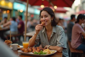 Femme souriante dégustant poulet grillé en marché animé