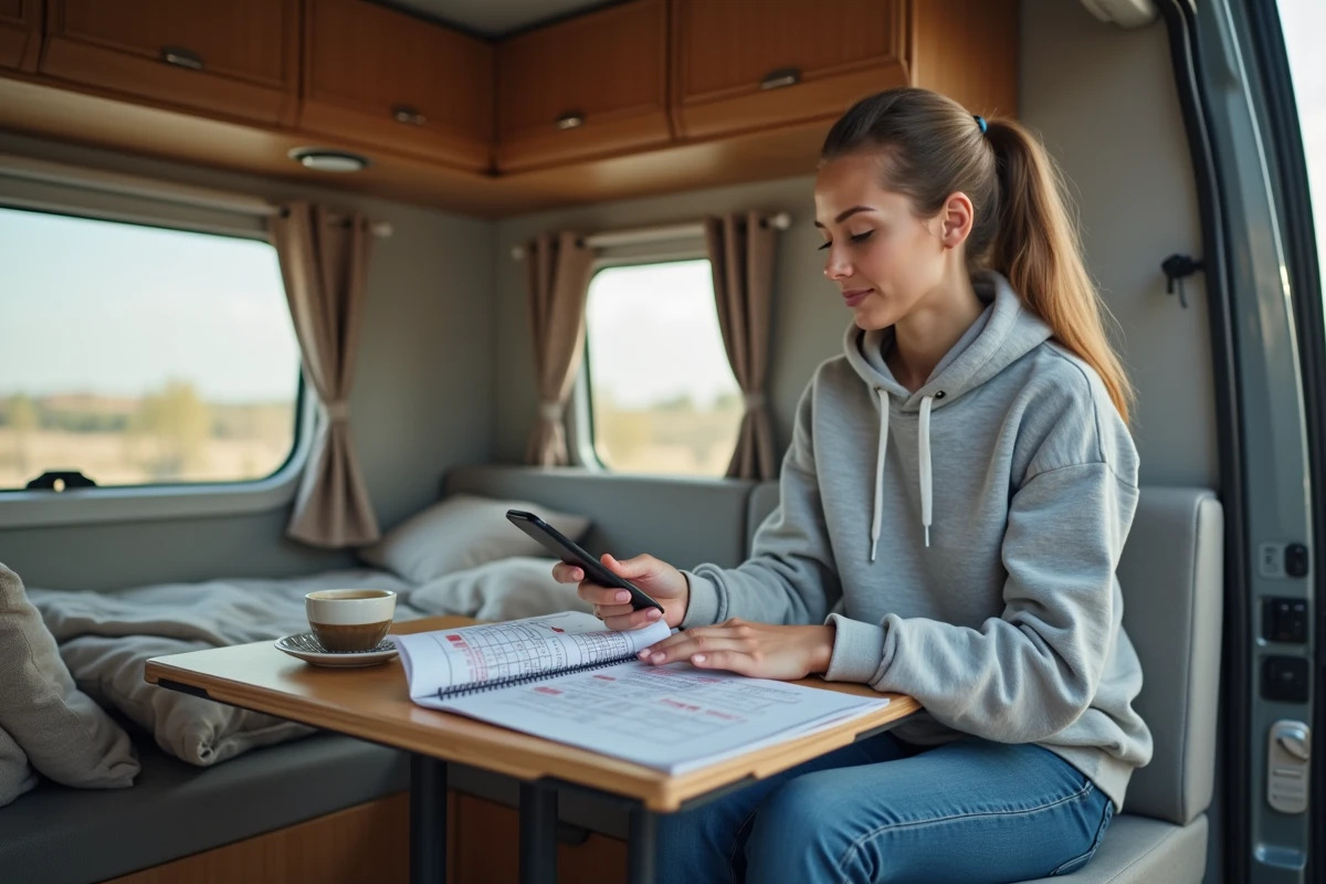 Femme consultant un manuel de dépannage Truma Combi avec un smartphone dans un camping-car