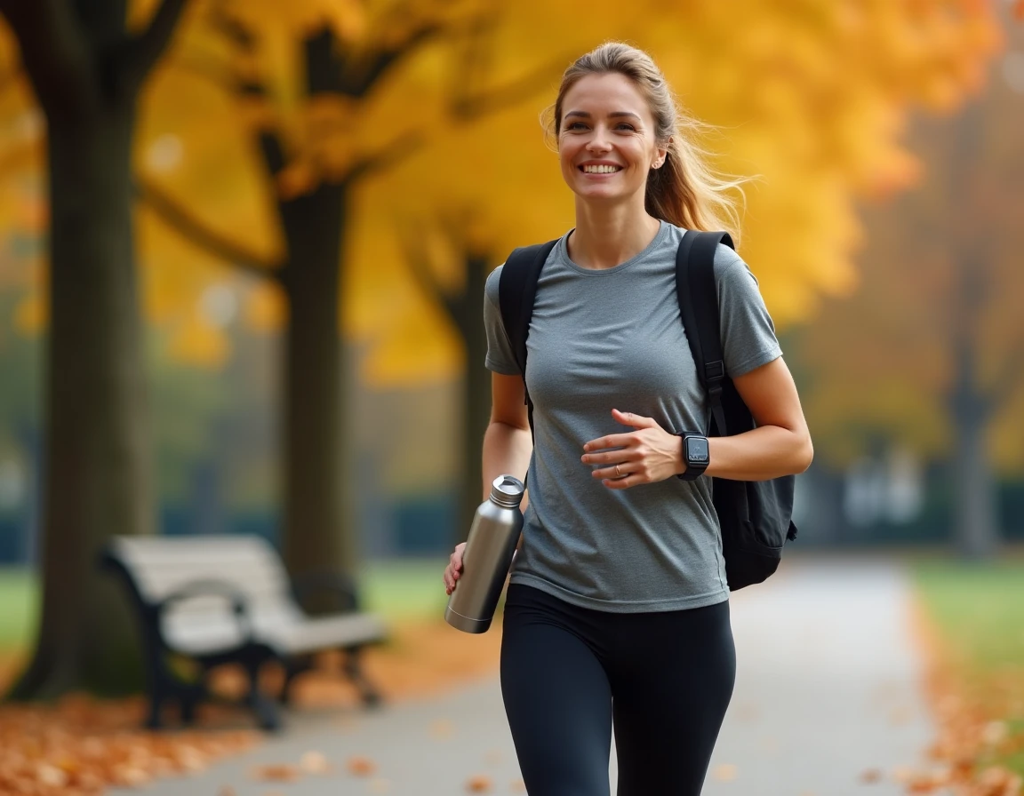 Femme active marchant rapidement dans un parc en automne avec une montre connectée, illustrant l'activité physique comme prévention du diabète
