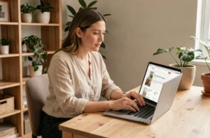 Femme consultant le plan du site Maison Mania sur un ordinateur portable dans un bureau à domicile chaleureux