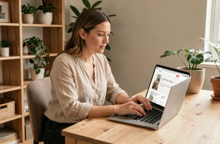 Femme consultant le plan du site Maison Mania sur un ordinateur portable dans un bureau à domicile chaleureux