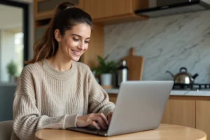 Femme souriante utilisant un ordinateur dans une cuisine moderne