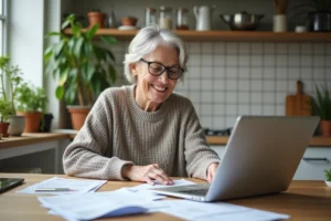 Femme souriante triant des papiers officiels dans la cuisine