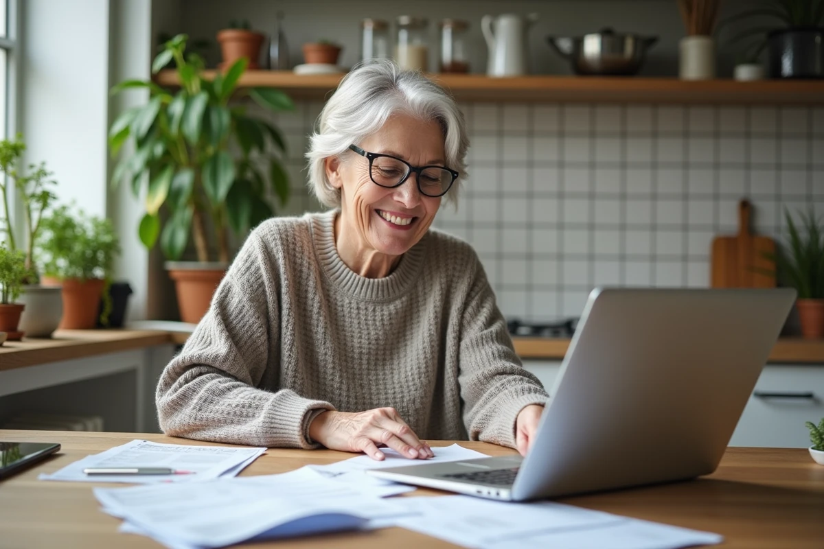 Femme souriante triant des papiers officiels dans la cuisine